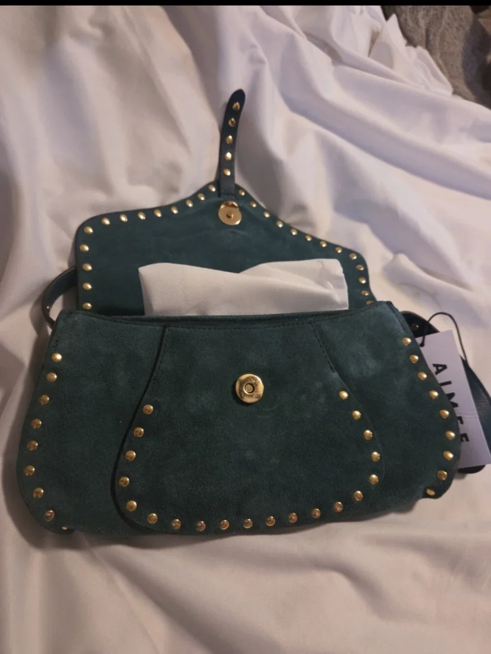 NWT Aimee Kestenberg Amour Baguette Teal Suede Studded Shoulder Bag